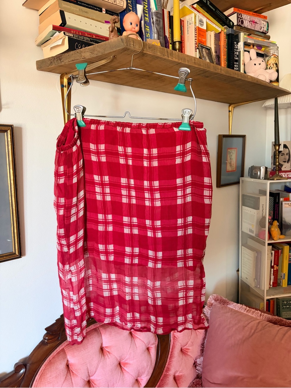 J. Crew Red and White Plaid Midi Skirt